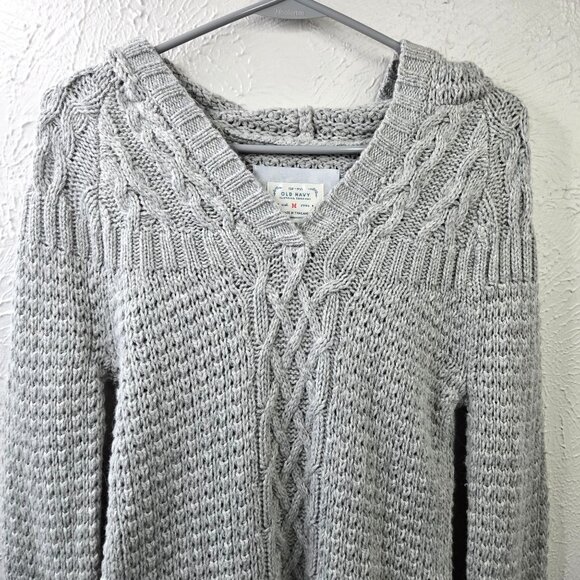 Old Navy Y2k Hooded Sweater Gray Lambswool Rabbit Hair Preppy Chunky Cable Knit - Picture 4 of 13